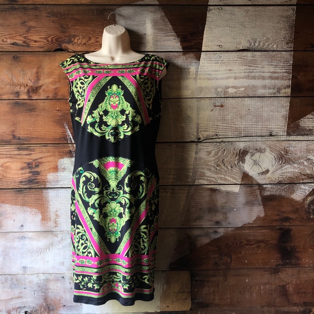 Eva Varro Print & Gold Color Block Dress Medium